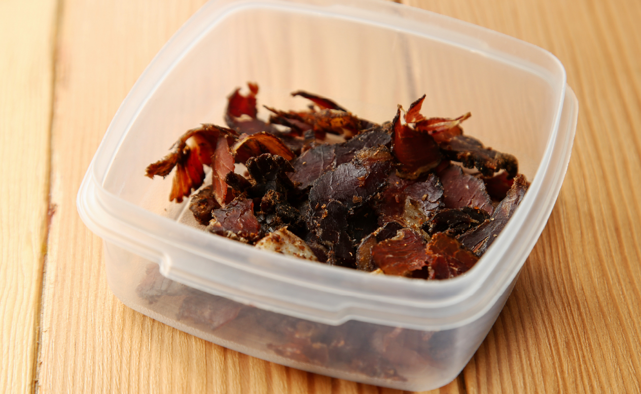 Biltong in a plastic container