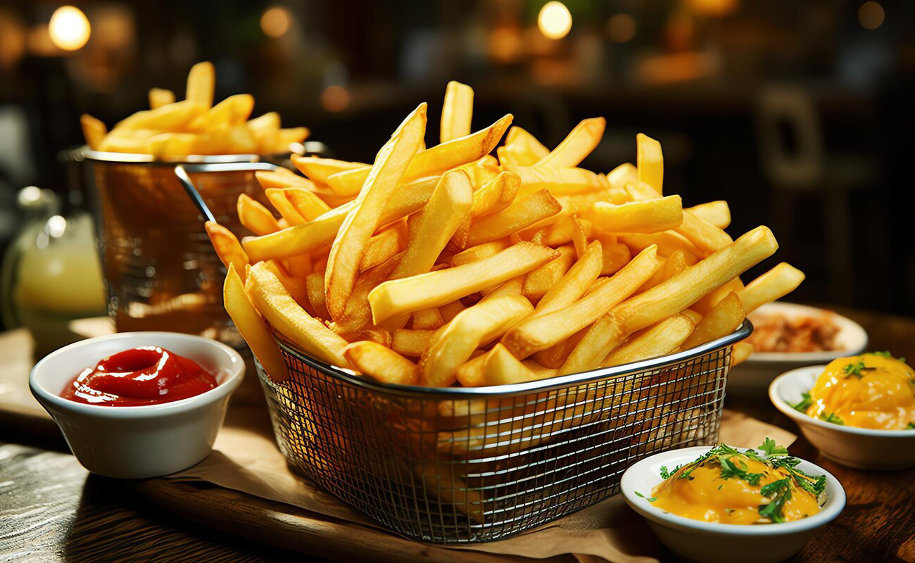 Large Cheesy Fries next to dipping sauce